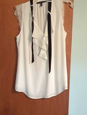 White House Black Market White Sleeveless Ruffle Blouse with Black Tie